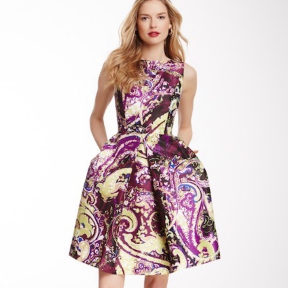 Purple Paisley Fit-and-Flare Dress With Pockets